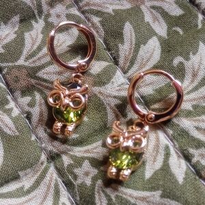 Gold and Green Owl Earrings